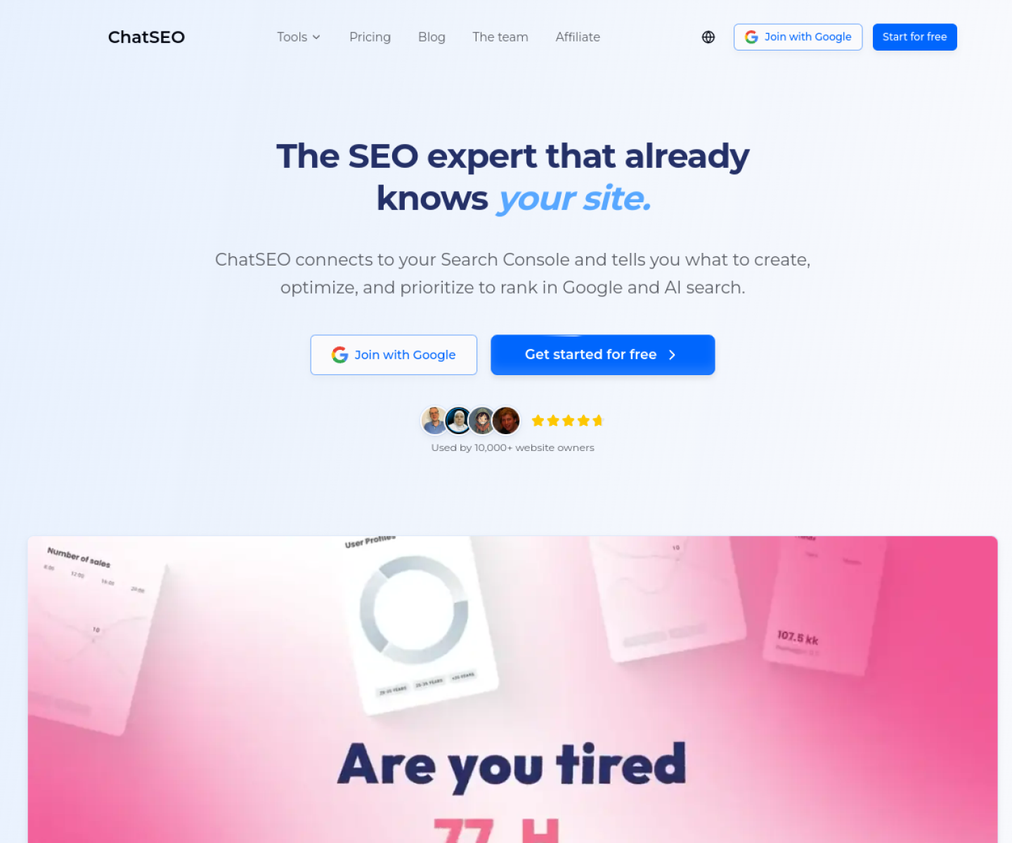 Screenshot of the ChatSEO homepage: the SEO expert that already knows your site, connected to your Search Console