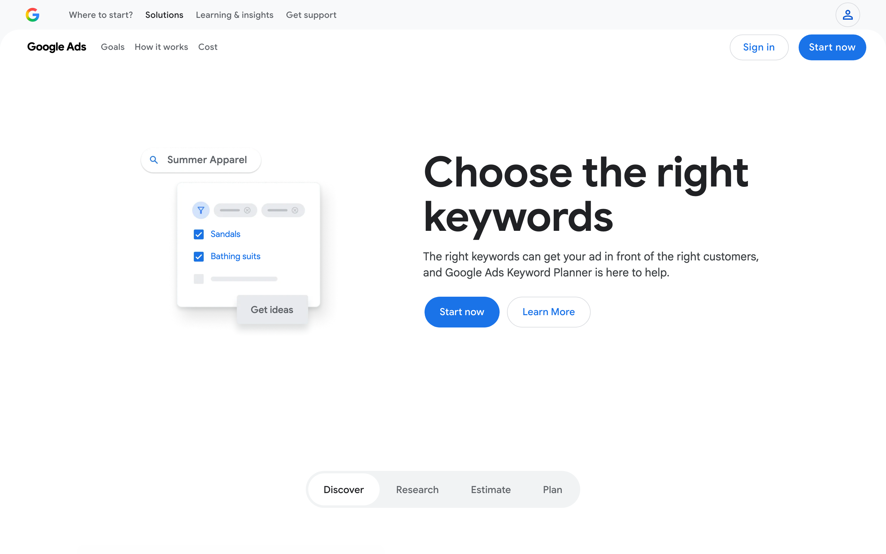 Google Keyword Planner homepage